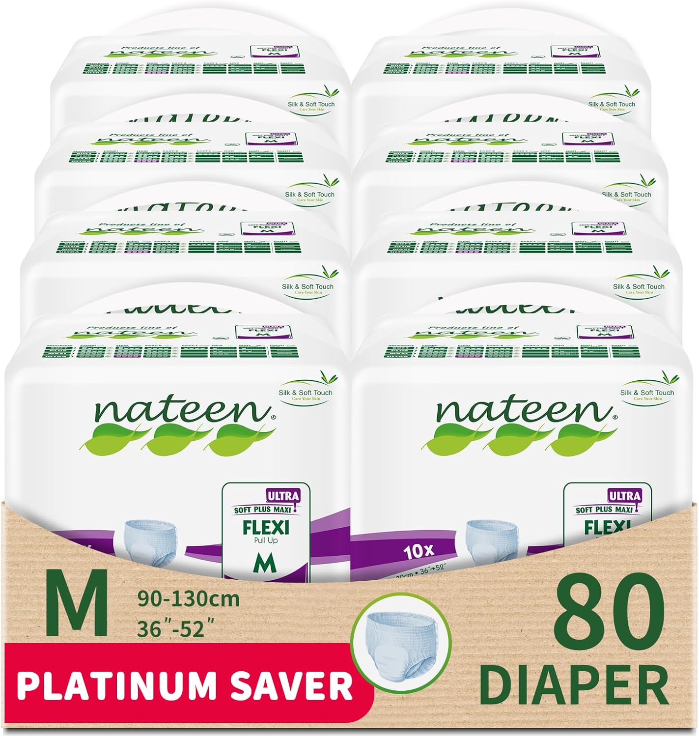 Nateen Super Ultra Incontinence Adult Diaper,Medium,Waist Size 95-125cm,10 Count Adult Diapers,Disposable Underwear for Men&Women,Briefs with Maximum Absorbency, Leak Protection-3700ml Absorbency.