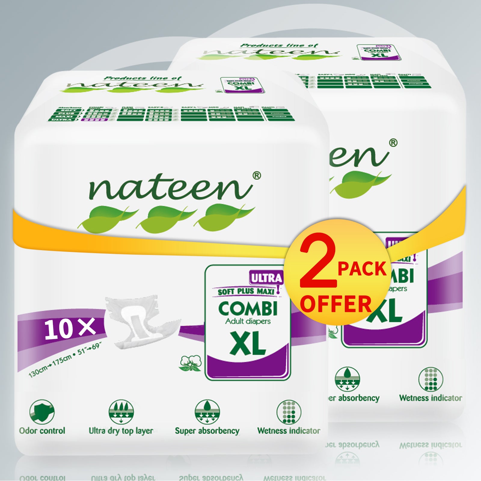 Nateen Super Ultra Incontinence Adult Diaper,X-Large,Waist Size 130-175cm,10 Count Adult Diapers,Disposable Underwear for Men&Women,Briefs with Maximum Absorbency, Leak Protection-4300ml Absorbency.