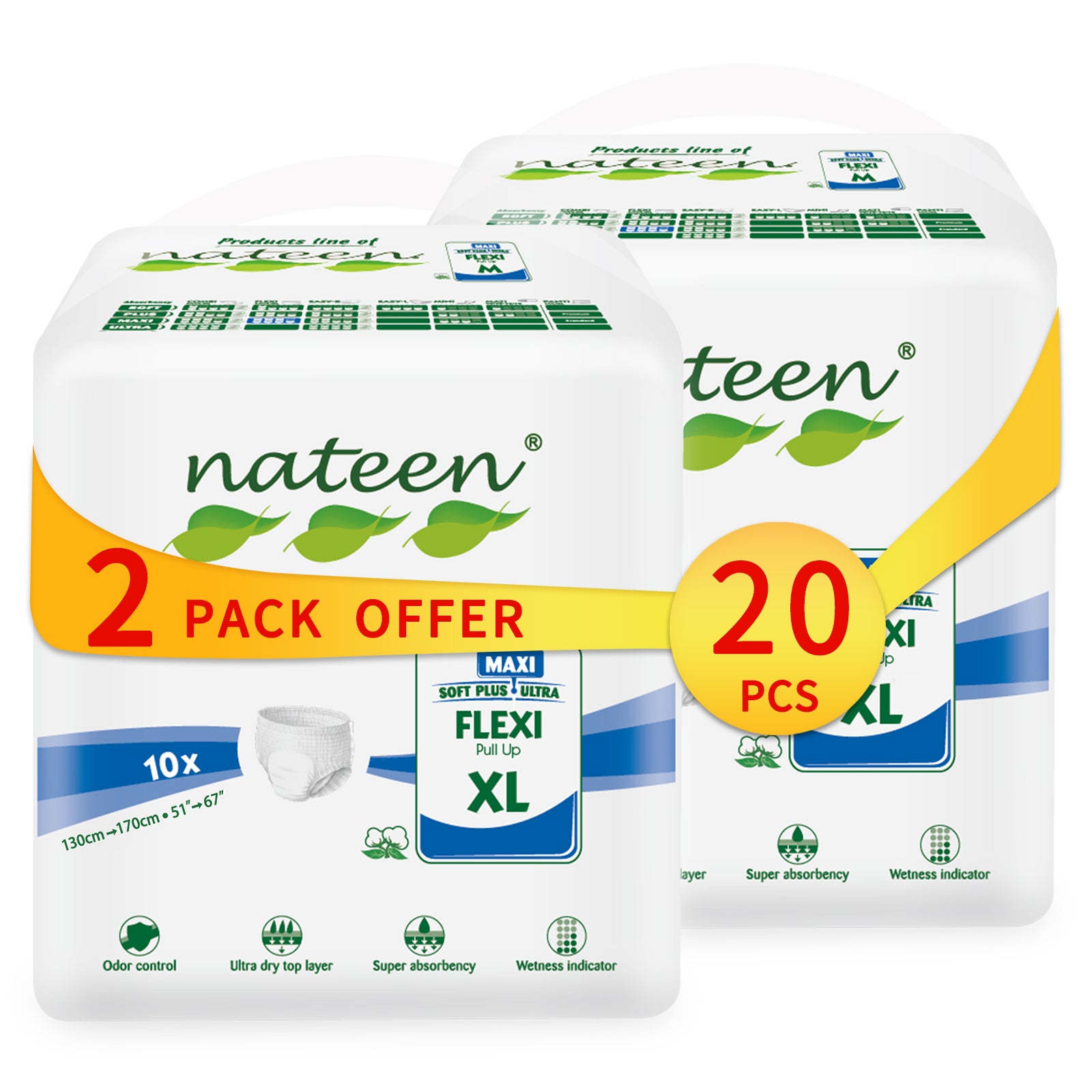 Nateen Flexi Maxi Adult Diapers Pants,Incontinence Night Time Pull Up,Extra Large,Waist Size 130-170cm,10 Count Adult Pull Ups,Superior Comfort,Excellent Combination of Protection. (10 Count)