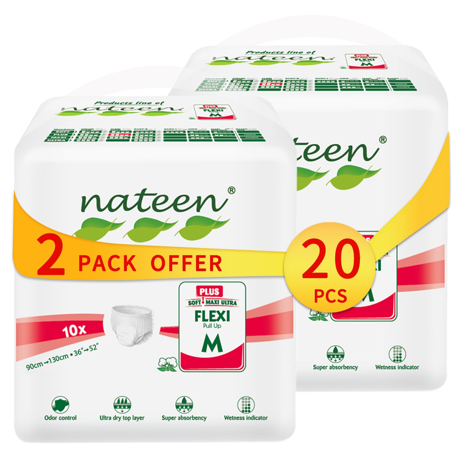 Nateen Flexi Plus Adult Diapers Pants,Incontinence Pull Up,Medium,Waist Size 90-130cm,10 Count Adult Pull Ups,Superior Comfort,Excellent Combination of Protection.