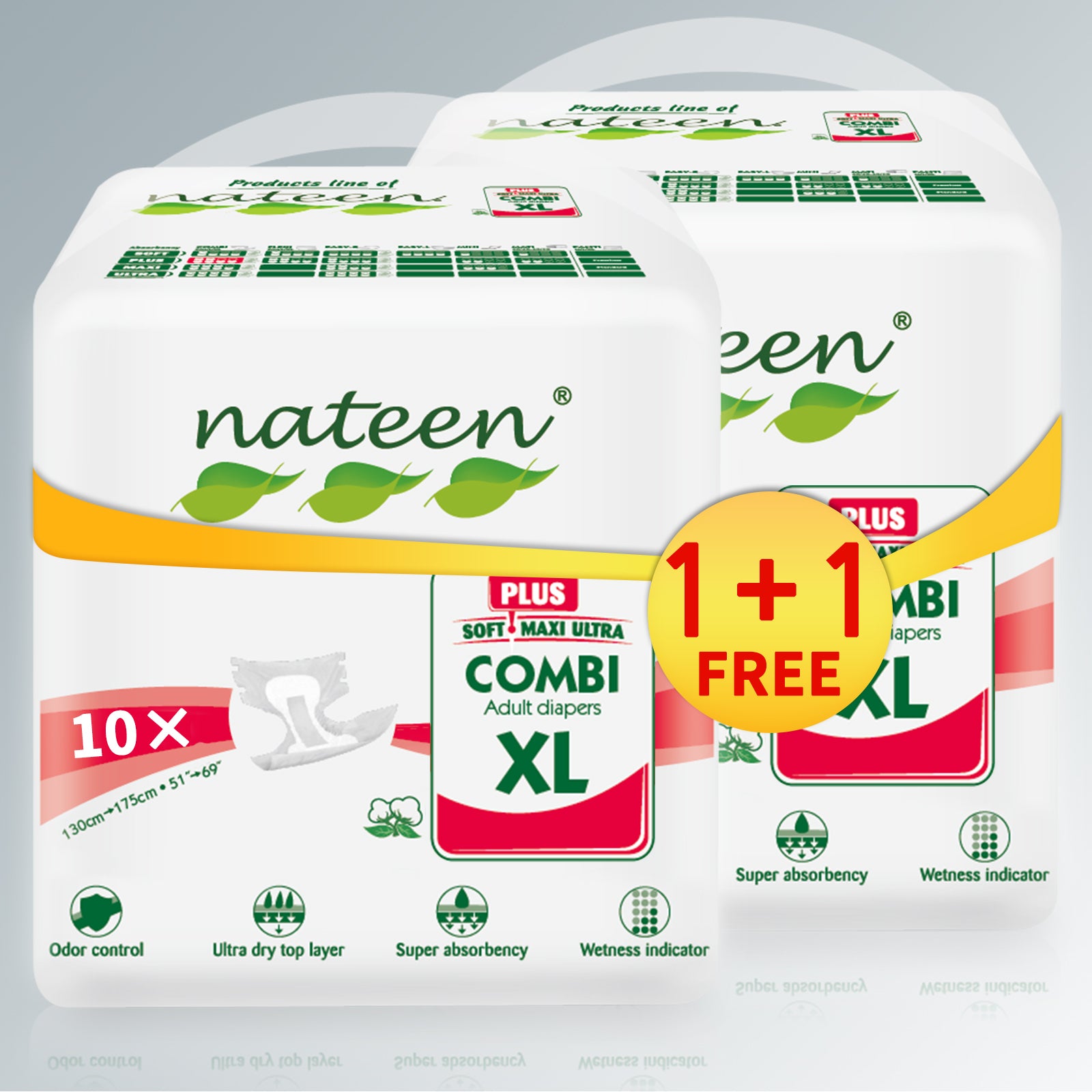 Nateen Combi Plus Incontinence Adult Diaper,X-Large,Waist Size 130-175cm,10 Count Adult Diapers, with Super Absorbent Layer, Leak Guard,Disposable Underwear for Men&Women-3400ml Absorbency.