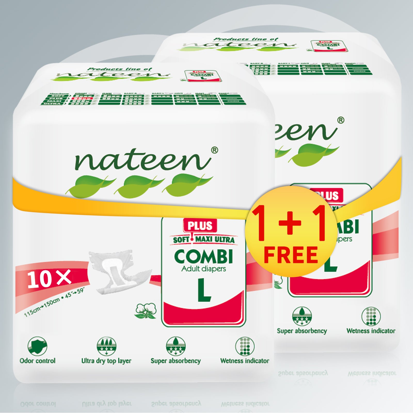 Nateen Combi Plus Incontinence Adult Diaper,Large,Waist Size 115-150cm,10 Count Adult Diapers,with Super Absorbent Layer, Leak Guard,Disposable Underwear for Men&Women,2850ml Absorbency.