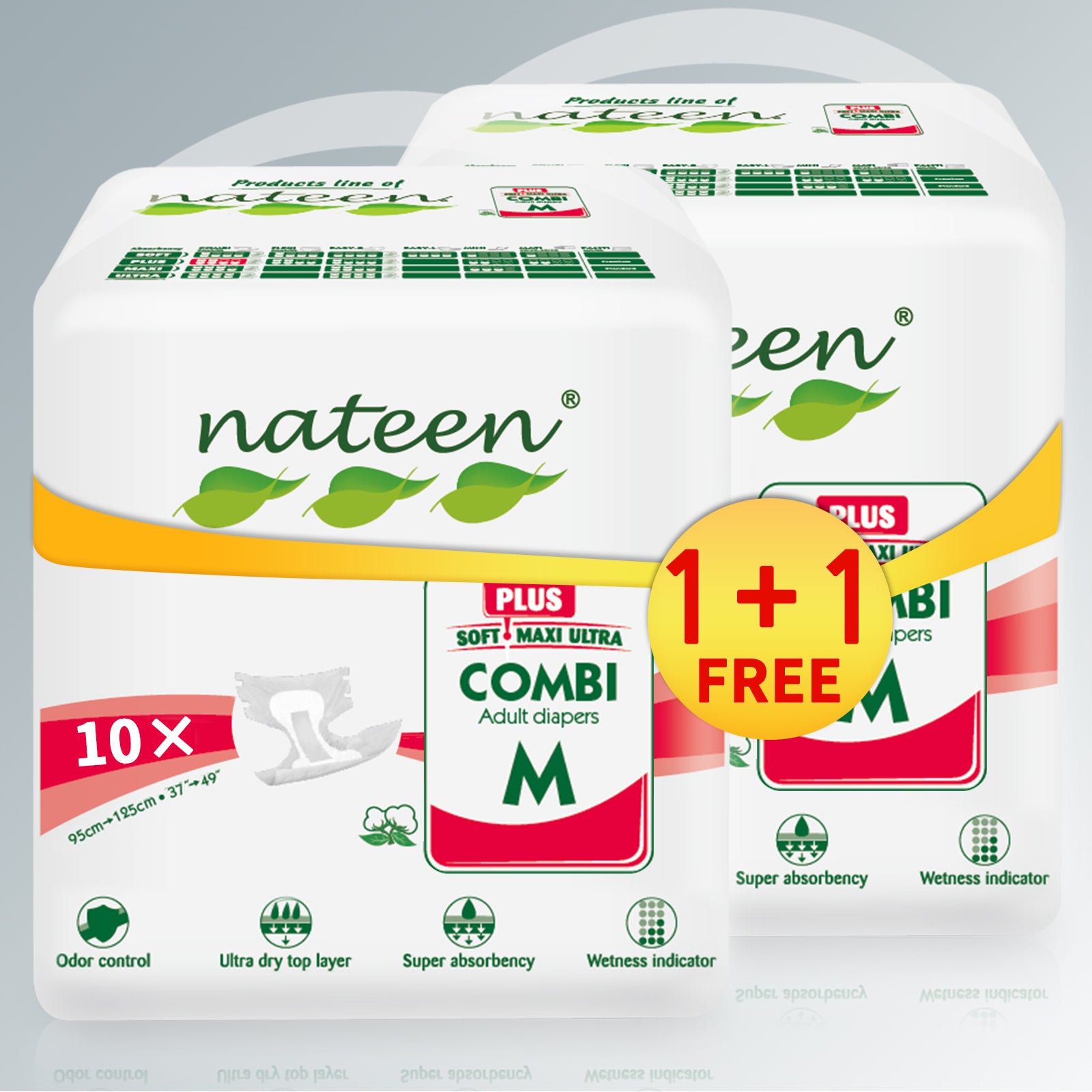 Nateen Combi Plus Incontinence Adult Diaper,Medium,Waist Size 95-125cm, 10 Count Adult Diapers,with Super Absorbent Layer, Leak Guard,Disposable Underwear for Men&Women-2450ml Absorbency.