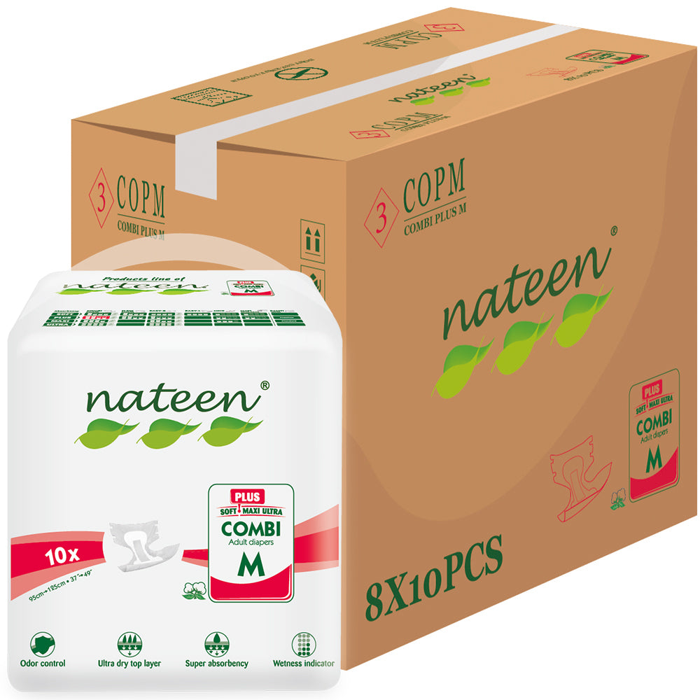 Nateen Combi Plus Incontinence Adult Diaper,Medium,Waist Size 95-125cm, 10 Count Adult Diapers,with Super Absorbent Layer, Leak Guard,Disposable Underwear for Men&Women-2450ml Absorbency.