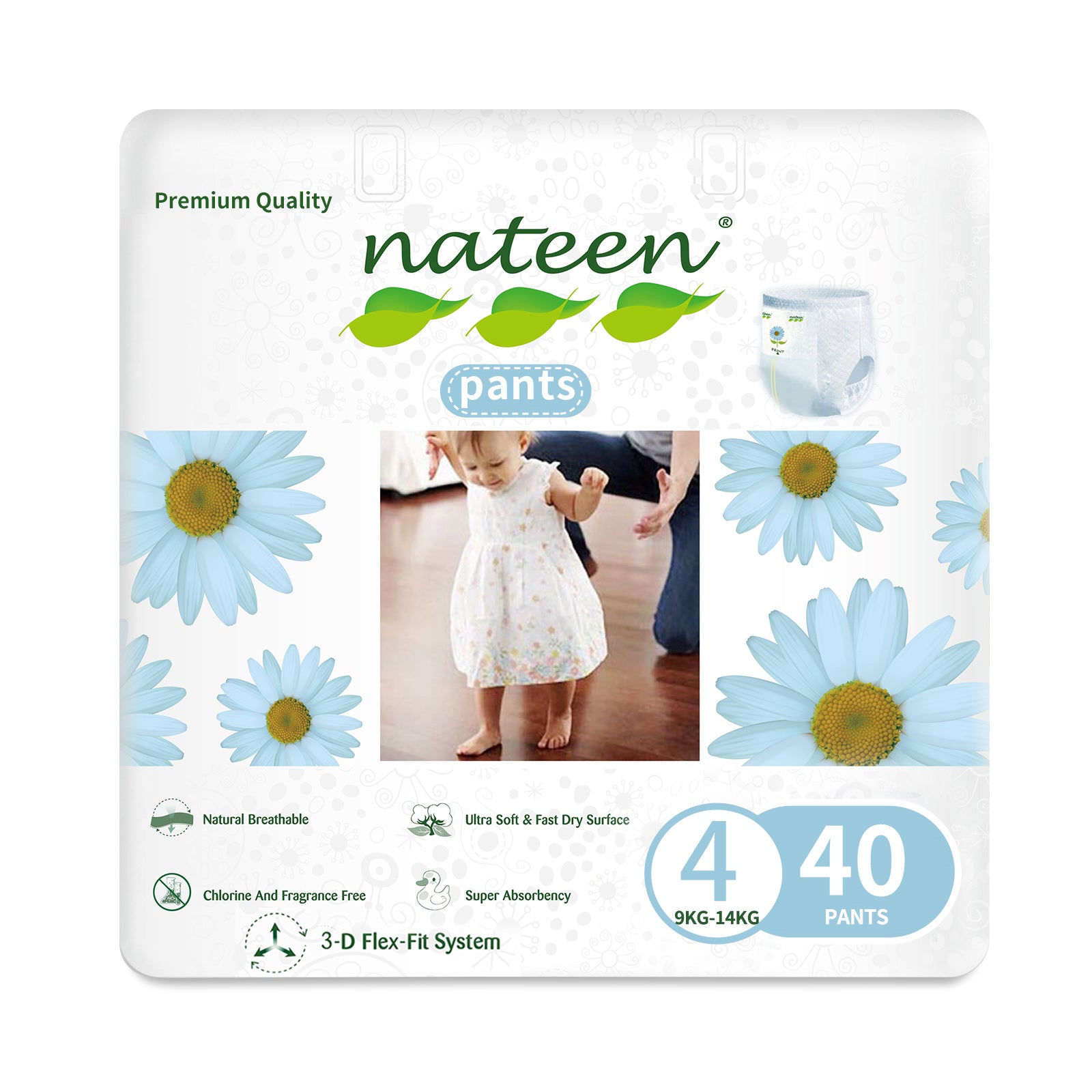 Nateen Premium Care Baby Pants Diapers,Size 4(9-14kg) baby diaper pants,Large,Super Absorbent baby pull ups, 3D double leak Guard,ultra thin baby diapers pants.