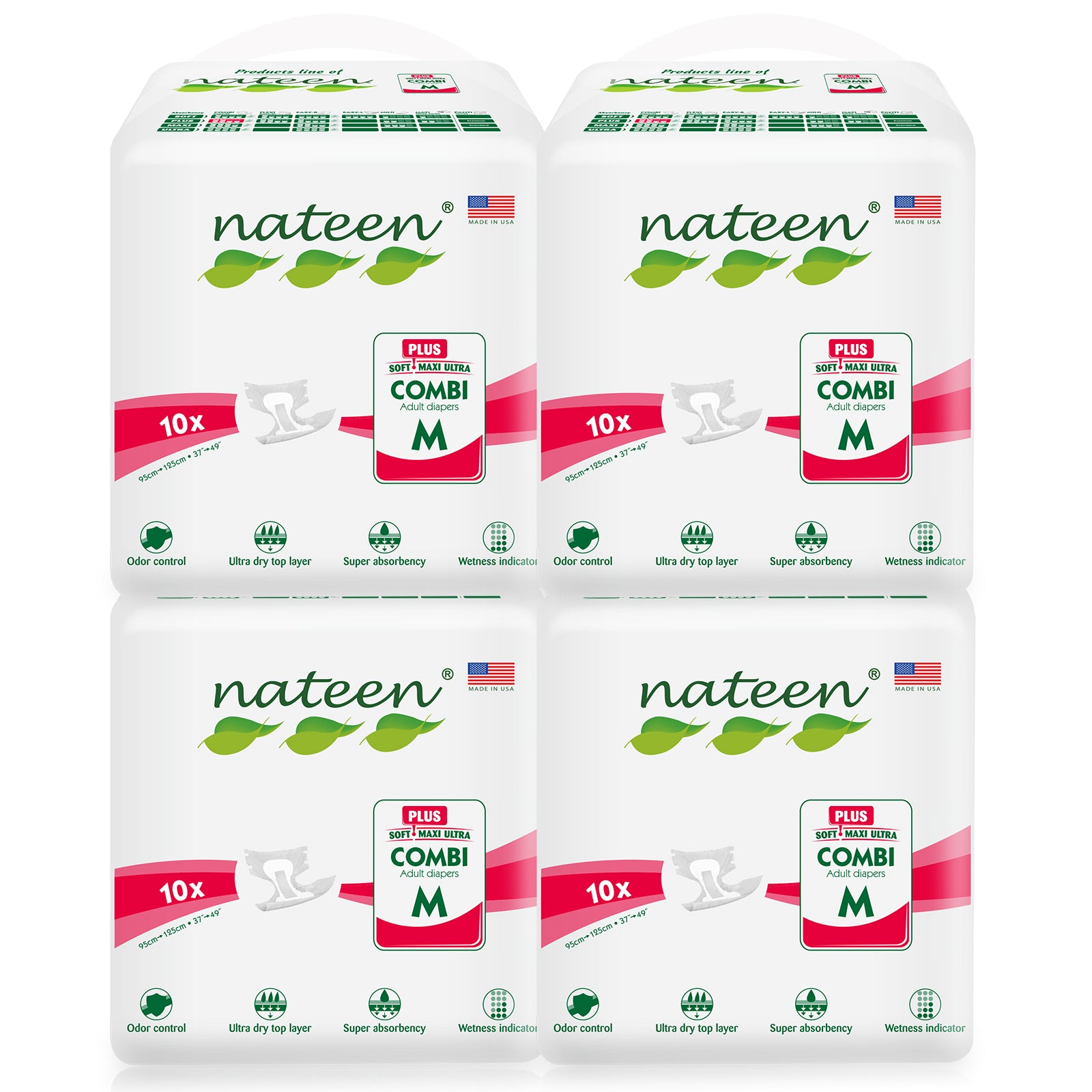 Nateen Combi Plus Incontinence Adult Diaper,Medium,Waist Size 95-125cm, 10 Count Adult Diapers,with Super Absorbent Layer, Leak Guard,Disposable Underwear for Men&Women-2450ml Absorbency.