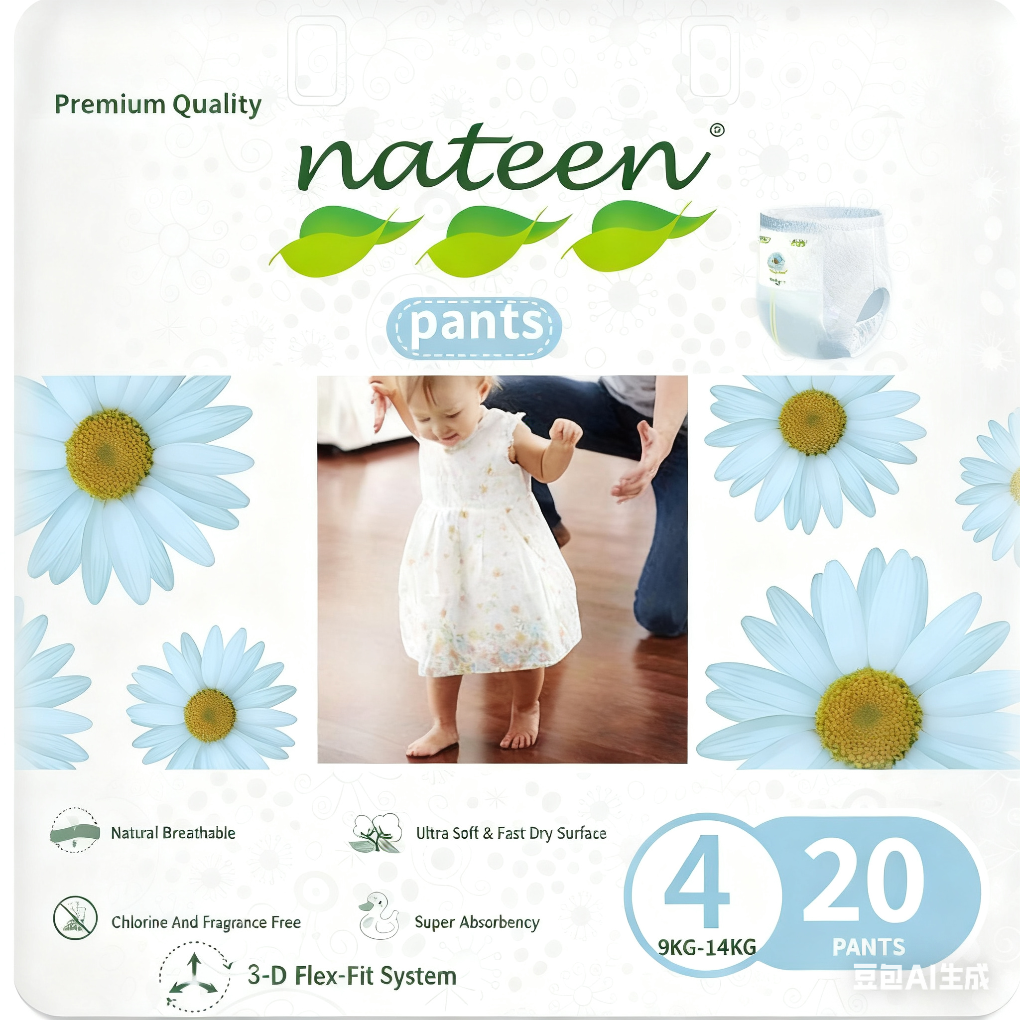 Nateen Premium Care Baby Pants Diapers,Size 4(9-14kg) baby diaper pants,Large,Super Absorbent baby pull ups, 3D double leak Guard,ultra thin baby diapers pants.