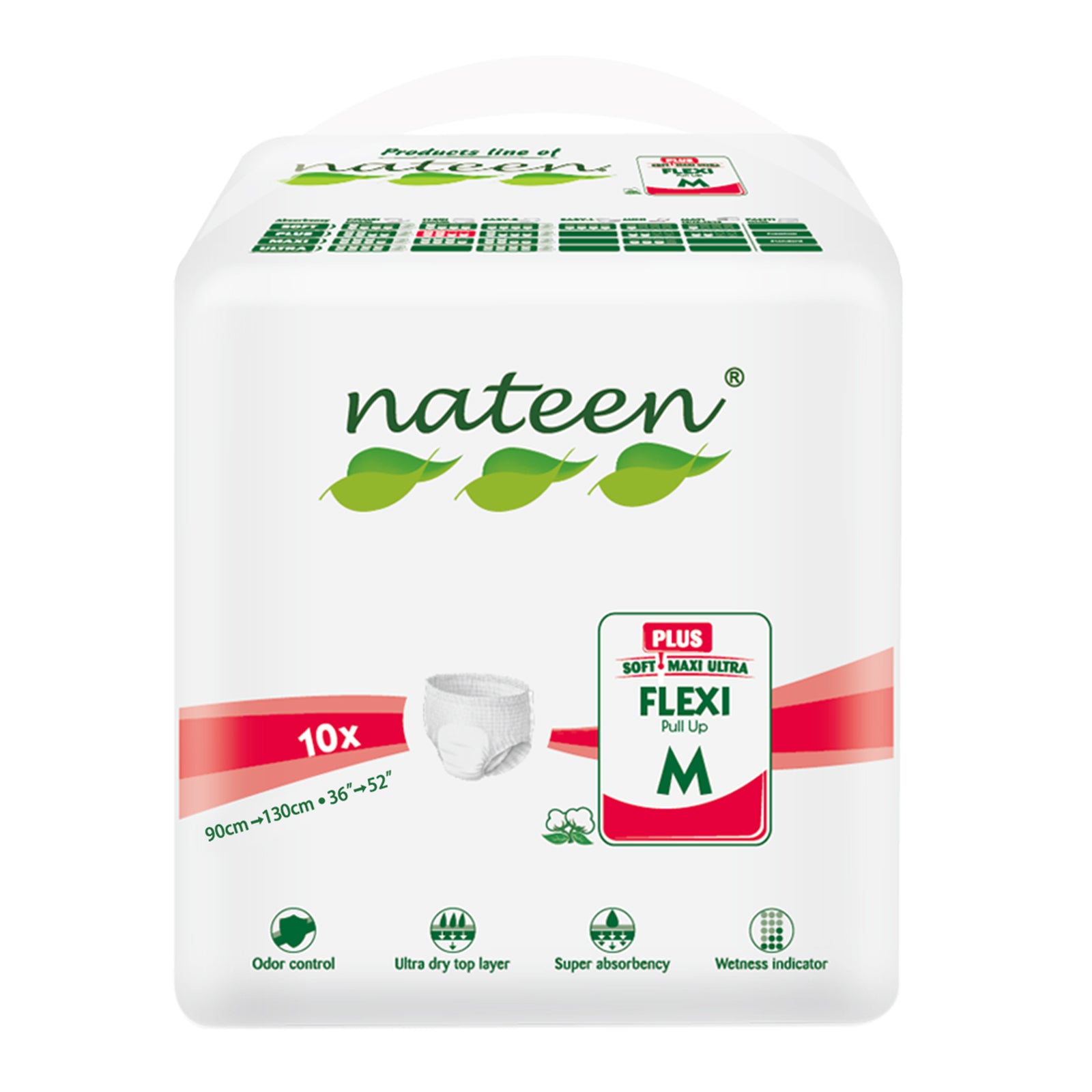 Nateen Flexi Plus Adult Diapers Pants,Incontinence Pull Up,Medium,Waist Size 90-130cm,10 Count Adult Pull Ups,Superior Comfort,Excellent Combination of Protection.