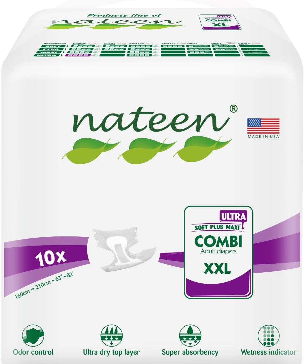 Nateen X-Ultra Incontinence Adult Diaper,XXL,Waist Size 160-210cm,10 Count Adult Diapers,Disposable Underwear for Men&Women,Briefs with Maximum Absorbency, Leak Protection-6000ml Absorbency.