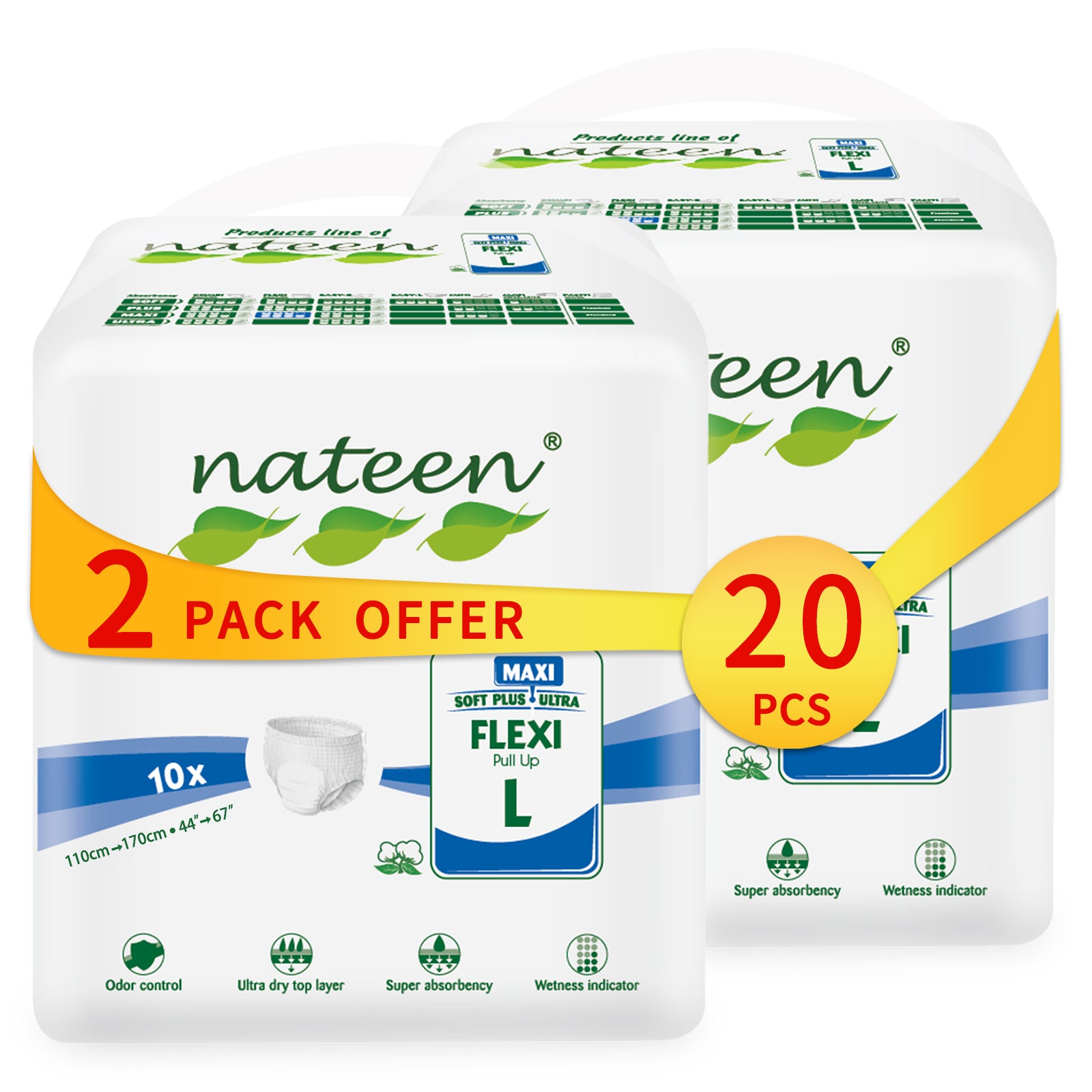 Nateen Flexi Maxi Adult Diapers Pants,Incontinence Night Time Pull Up,Large,Waist Size 110-170cm,10 Count Adult Pull Ups,Superior Comfort,Excellent Combination of Protection. (10 Count)