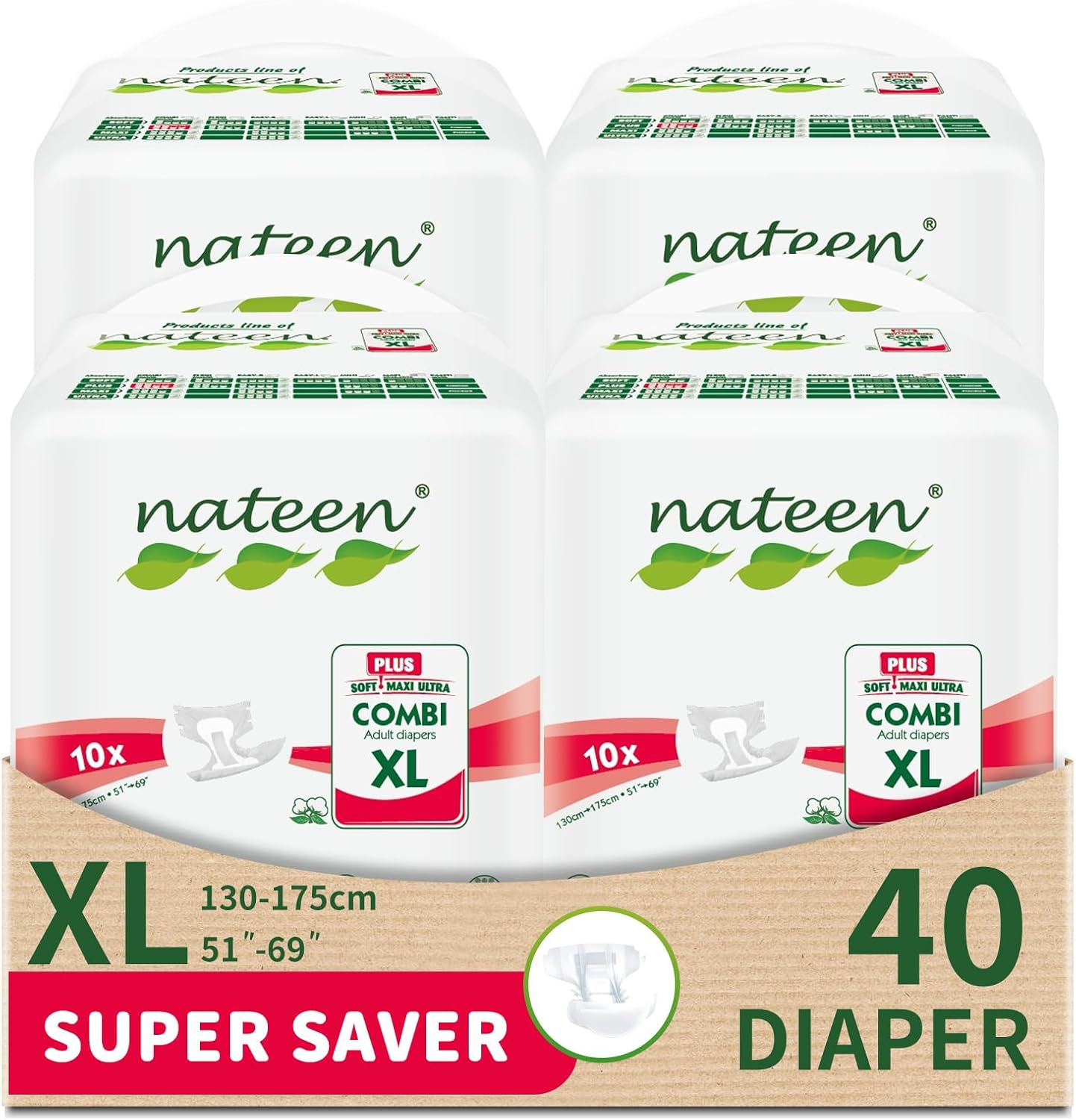 Nateen Combi Plus Incontinence Adult Diaper,X-Large,Waist Size 130-175cm,10 Count Adult Diapers, with Super Absorbent Layer, Leak Guard,Disposable Underwear for Men&Women-3400ml Absorbency.