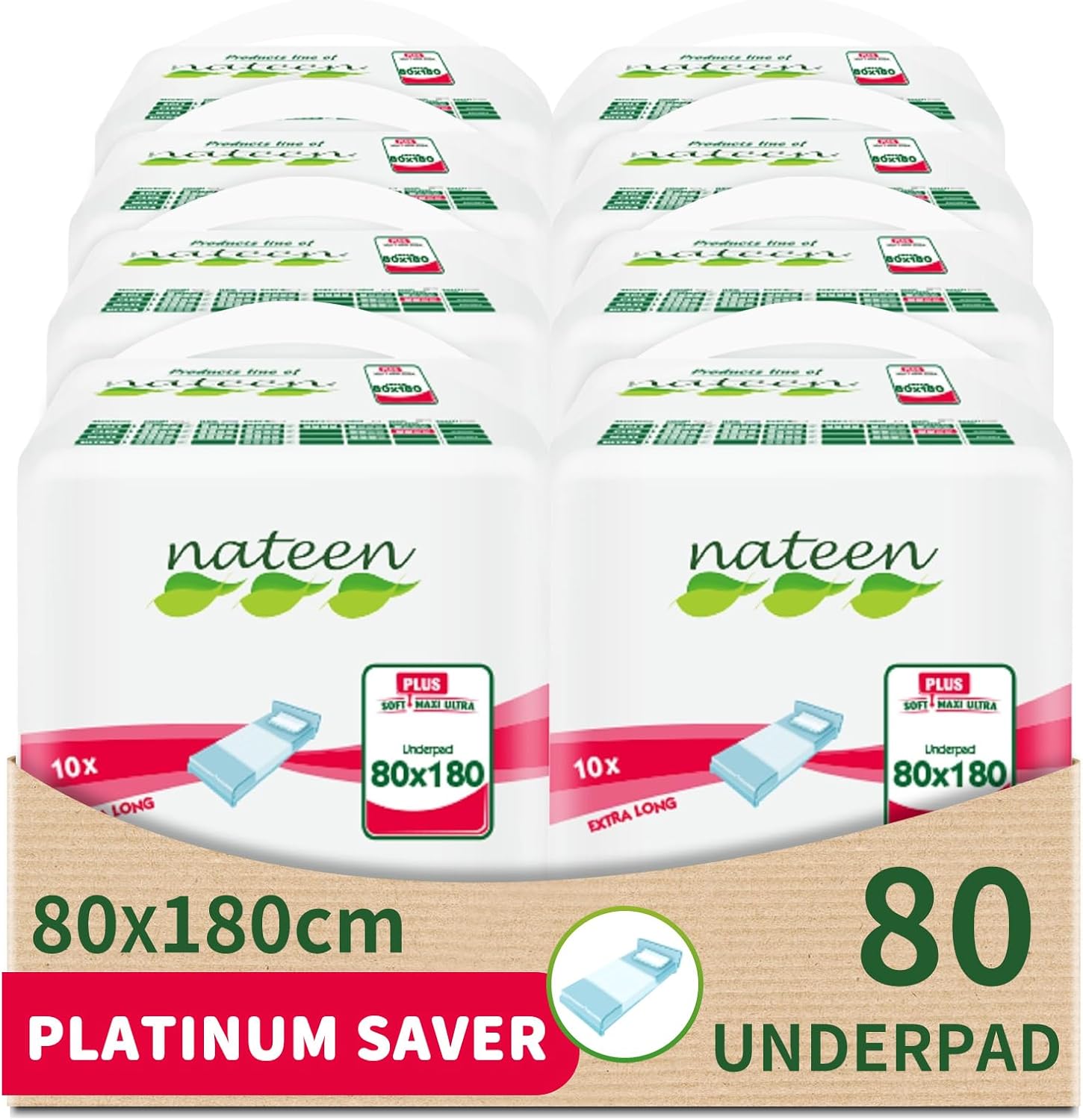 Nateen Disposable Incontinence Underpads,80 x 180 cm,10 Pcs Bed Pads for Mattress Furniture Sofa Chair Protector High Absorbency Mats.