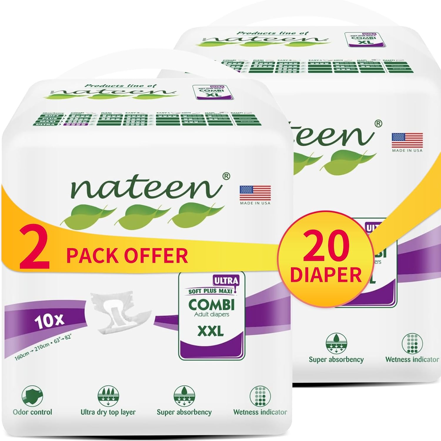 Nateen X-Ultra Incontinence Adult Diaper,XXL,Waist Size 160-210cm,10 Count Adult Diapers,Disposable Underwear for Men&Women,Briefs with Maximum Absorbency, Leak Protection-6000ml Absorbency.