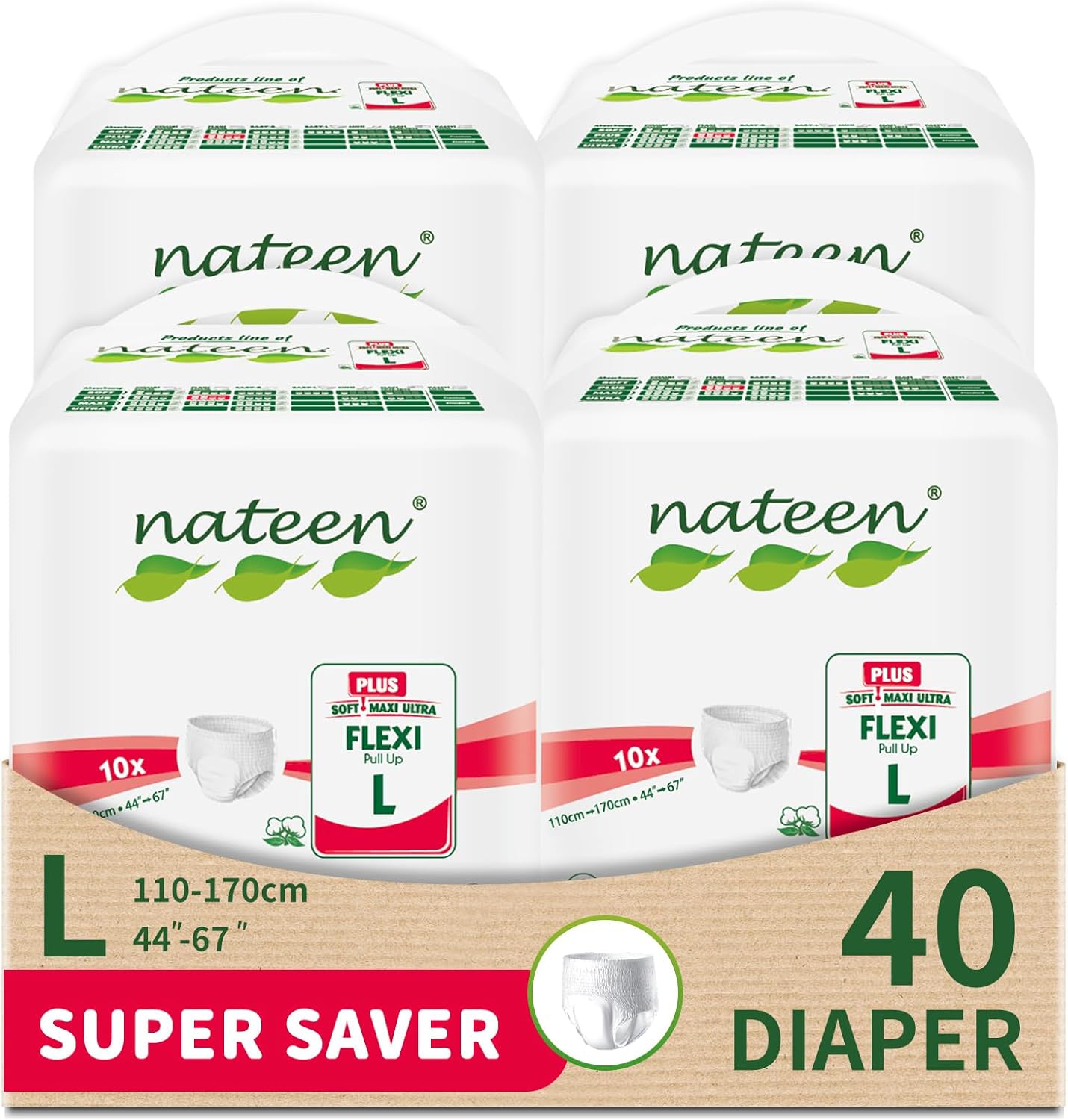 Nateen Flexi Plus Adult Diapers Pants,Incontinence Pull Up,Large,Waist Size 110-170cm,10 Count Adult Pull Ups,Superior Comfort,Excellent Combination of Protection.