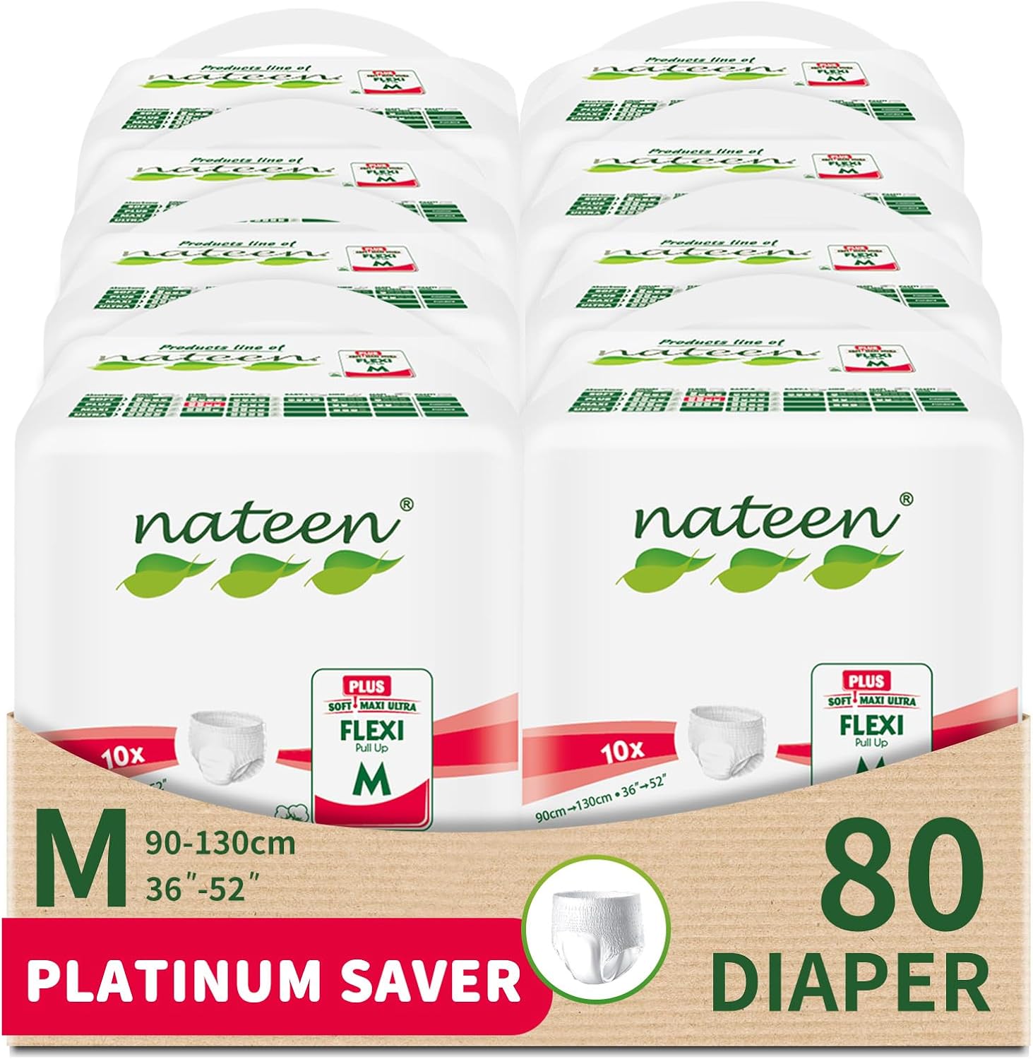 Nateen Flexi Plus Adult Diapers Pants,Incontinence Pull Up,Medium,Waist Size 90-130cm,10 Count Adult Pull Ups,Superior Comfort,Excellent Combination of Protection.