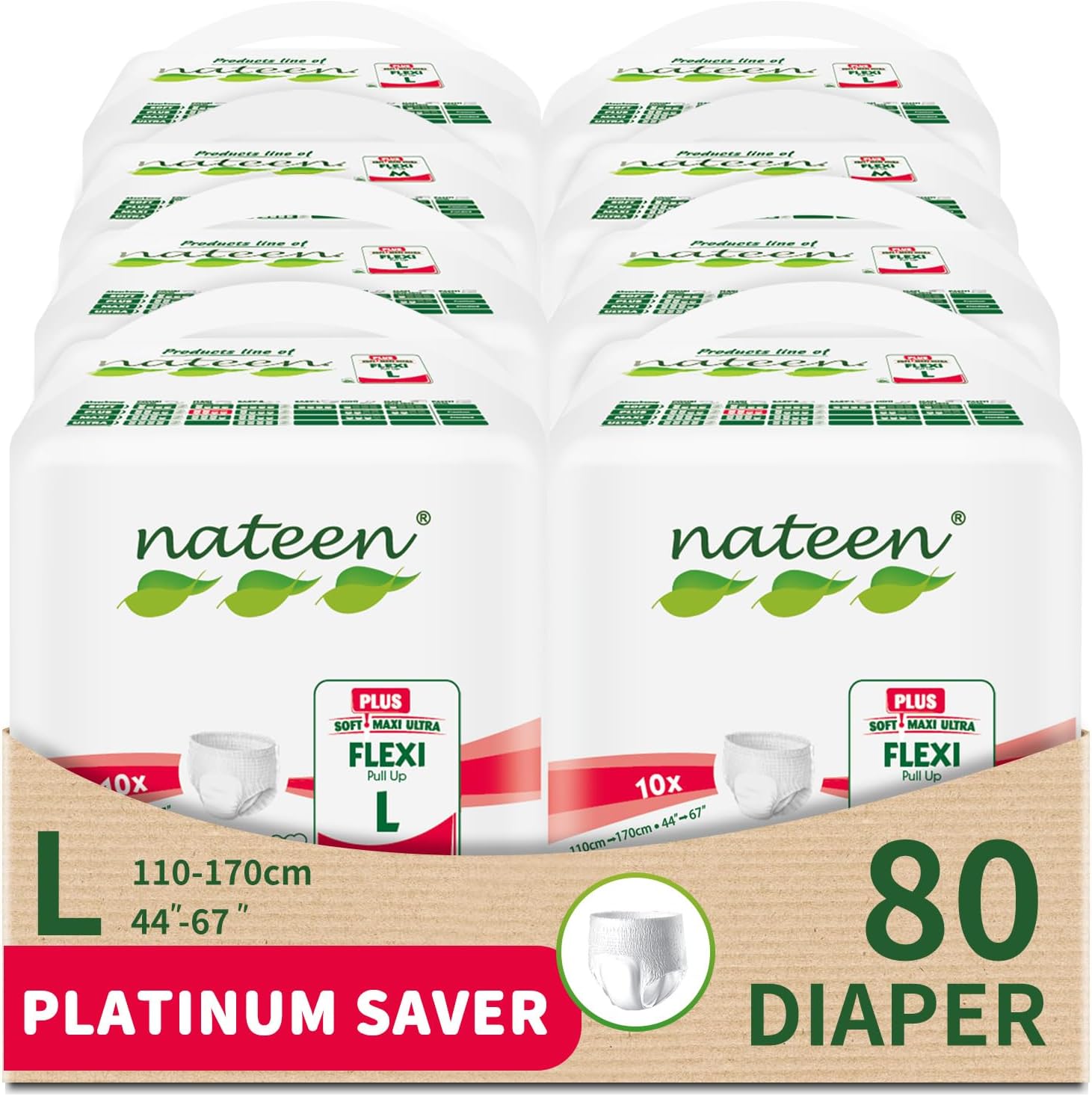 Nateen Flexi Plus Adult Diapers Pants,Incontinence Pull Up,Large,Waist Size 110-170cm,10 Count Adult Pull Ups,Superior Comfort,Excellent Combination of Protection.