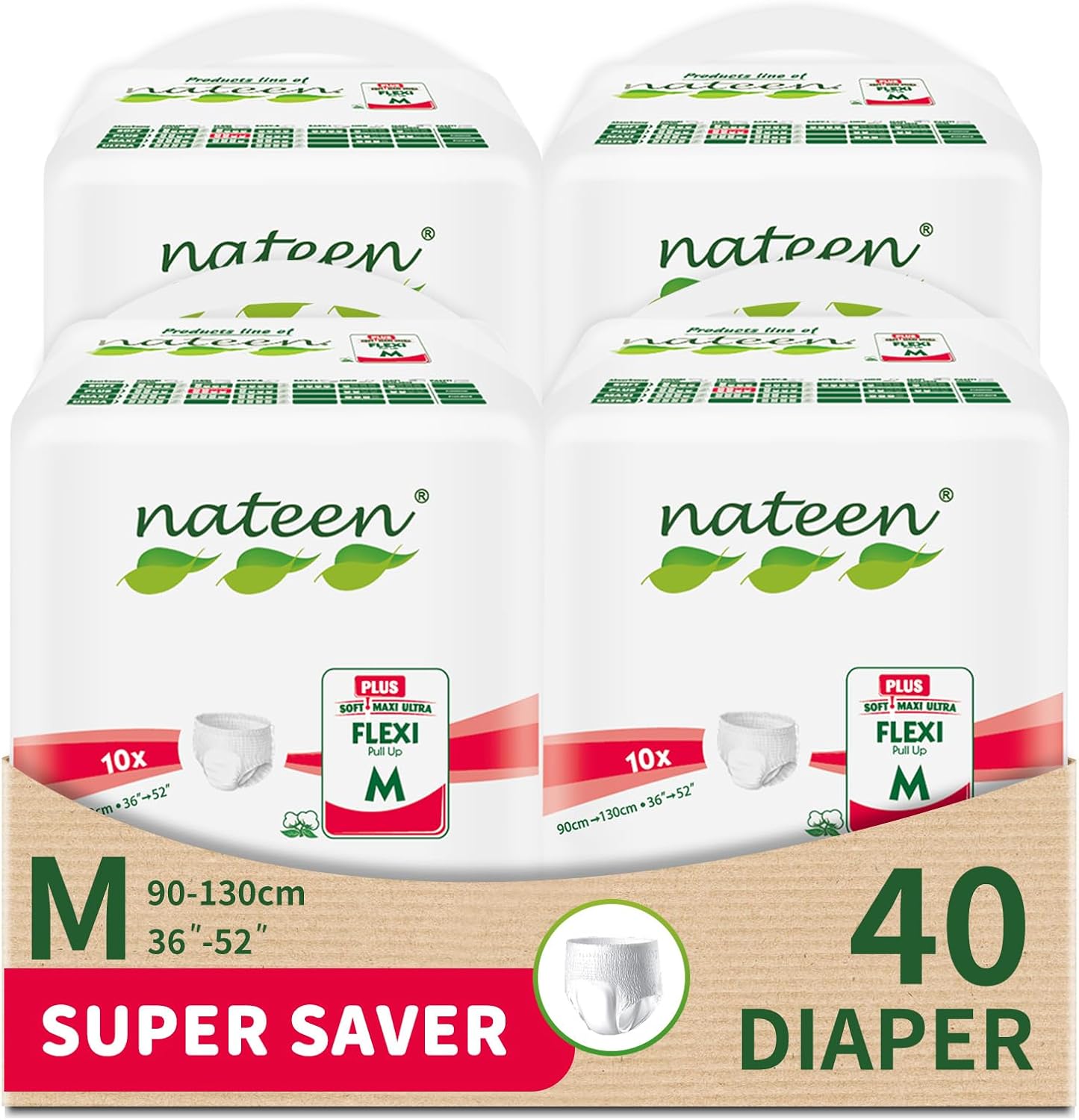 Nateen Flexi Plus Adult Diapers Pants,Incontinence Pull Up,Medium,Waist Size 90-130cm,10 Count Adult Pull Ups,Superior Comfort,Excellent Combination of Protection.