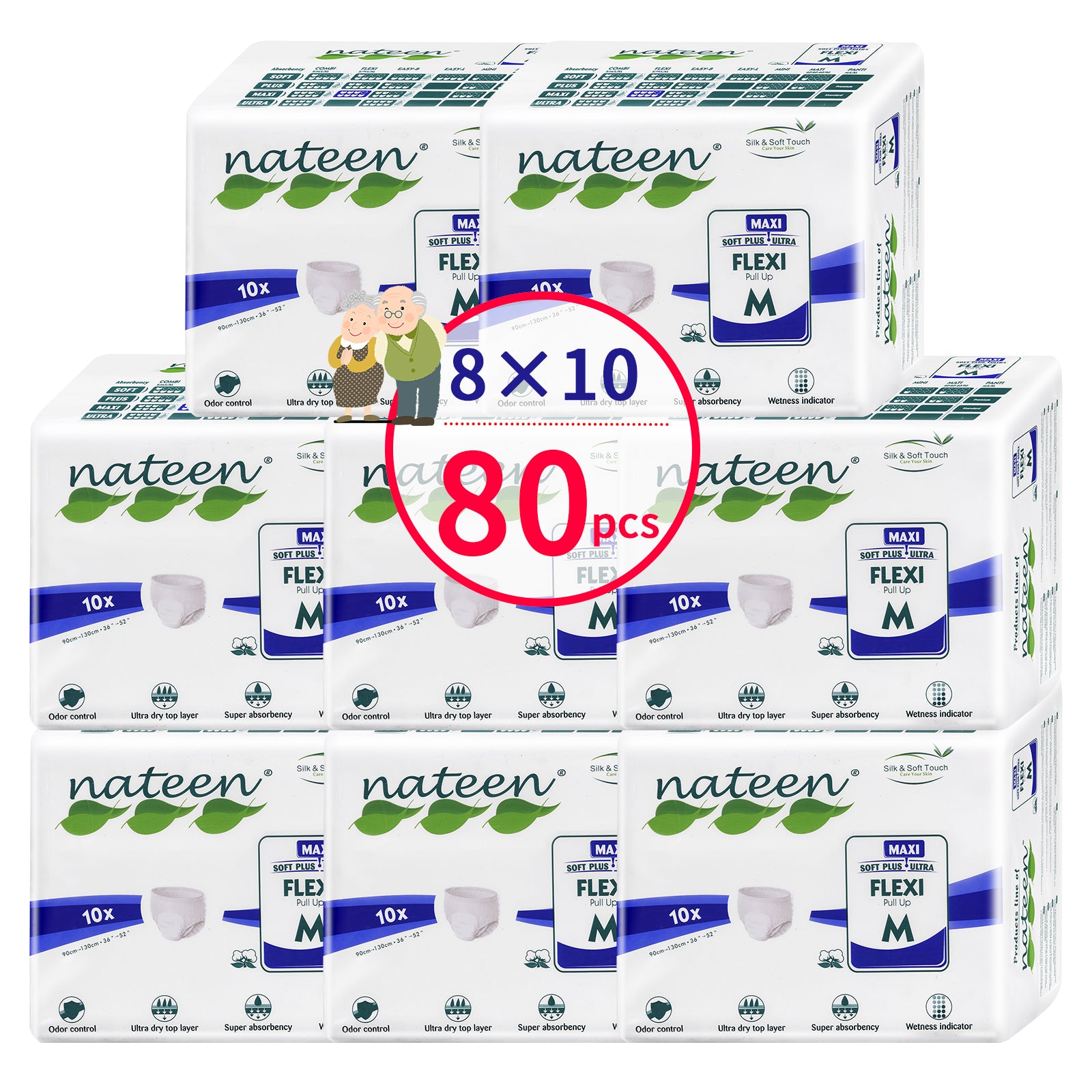 Nateen Flexi Maxi Adult Diapers Pants,Incontinence Night Time Pull Up,Medium,Waist Size 90-130cm,10 Count Adult Pull Ups,Superior Comfort,Excellent Combination of Protection. (10 Count)