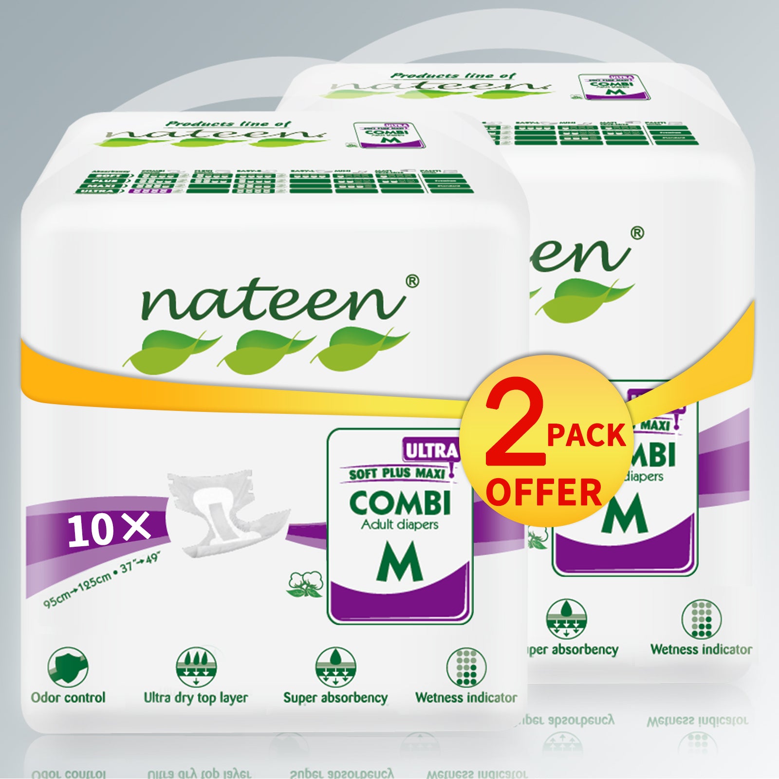 Nateen Super Ultra Incontinence Adult Diaper,Medium,Waist Size 95-125cm,10 Count Adult Diapers,Disposable Underwear for Men&Women,Briefs with Maximum Absorbency, Leak Protection-3700ml Absorbency.
