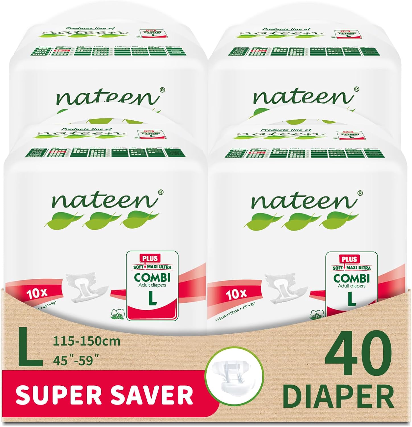 Nateen Combi Plus Incontinence Adult Diaper,Large,Waist Size 115-150cm,10 Count Adult Diapers,with Super Absorbent Layer, Leak Guard,Disposable Underwear for Men&Women,2850ml Absorbency.
