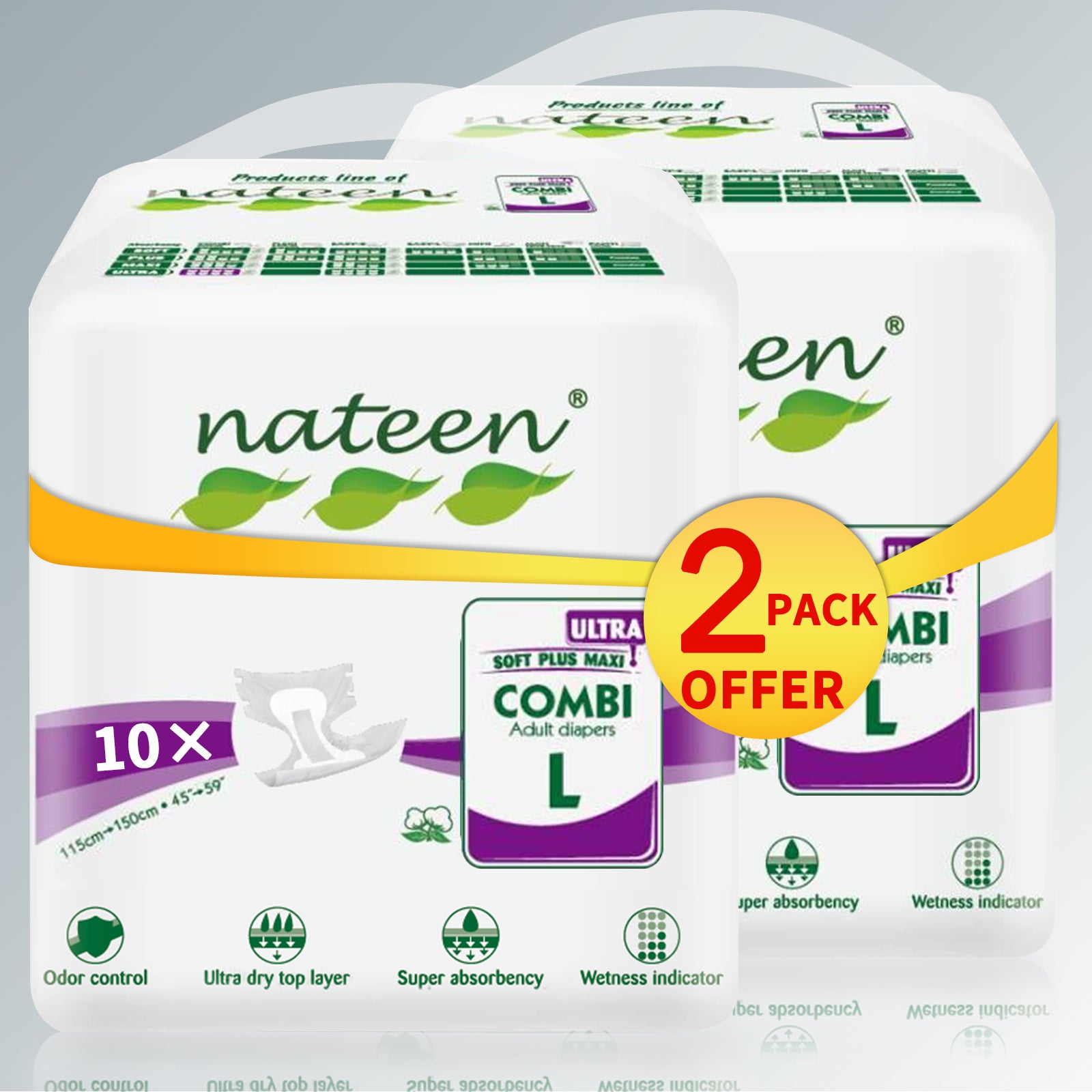 Nateen Super Ultra Incontinence Adult Diaper,Large,Waist Size 115-150cm,10 Count Adult Diapers,Disposable Underwear for Men&Women,Briefs with Maximum Absorbency, Leak Protection-4150ml Absorbency.
