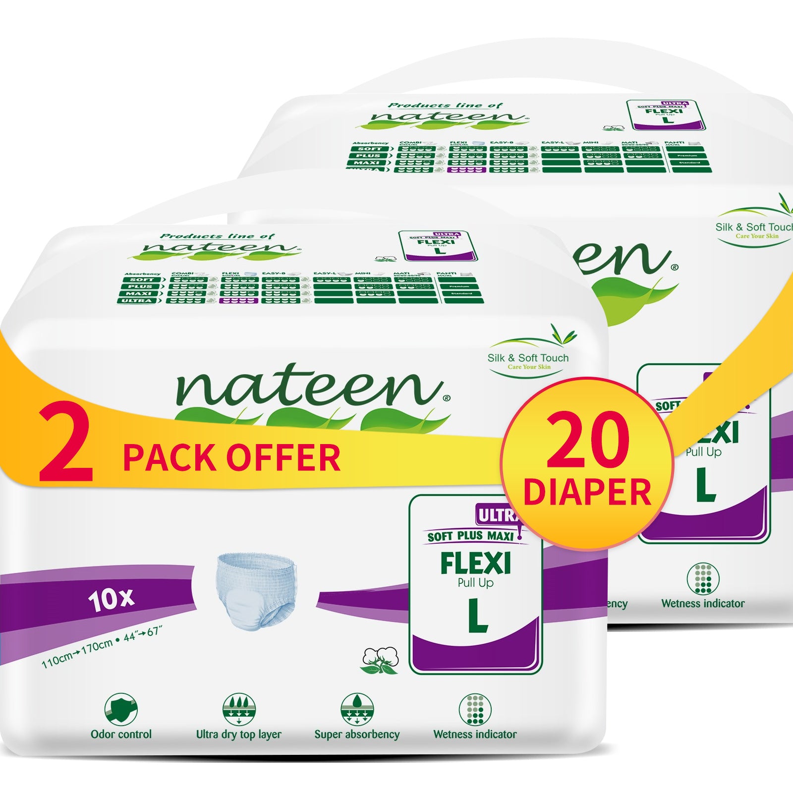 Nateen Flexi Ultra Adult Diapers Pants, ultima absorbency Incontinece Pull Ups, Large,Waist Size 110-170cm,10 Count Adult Pants diaper,Superior Comfort,Excellent Combination of Protection.