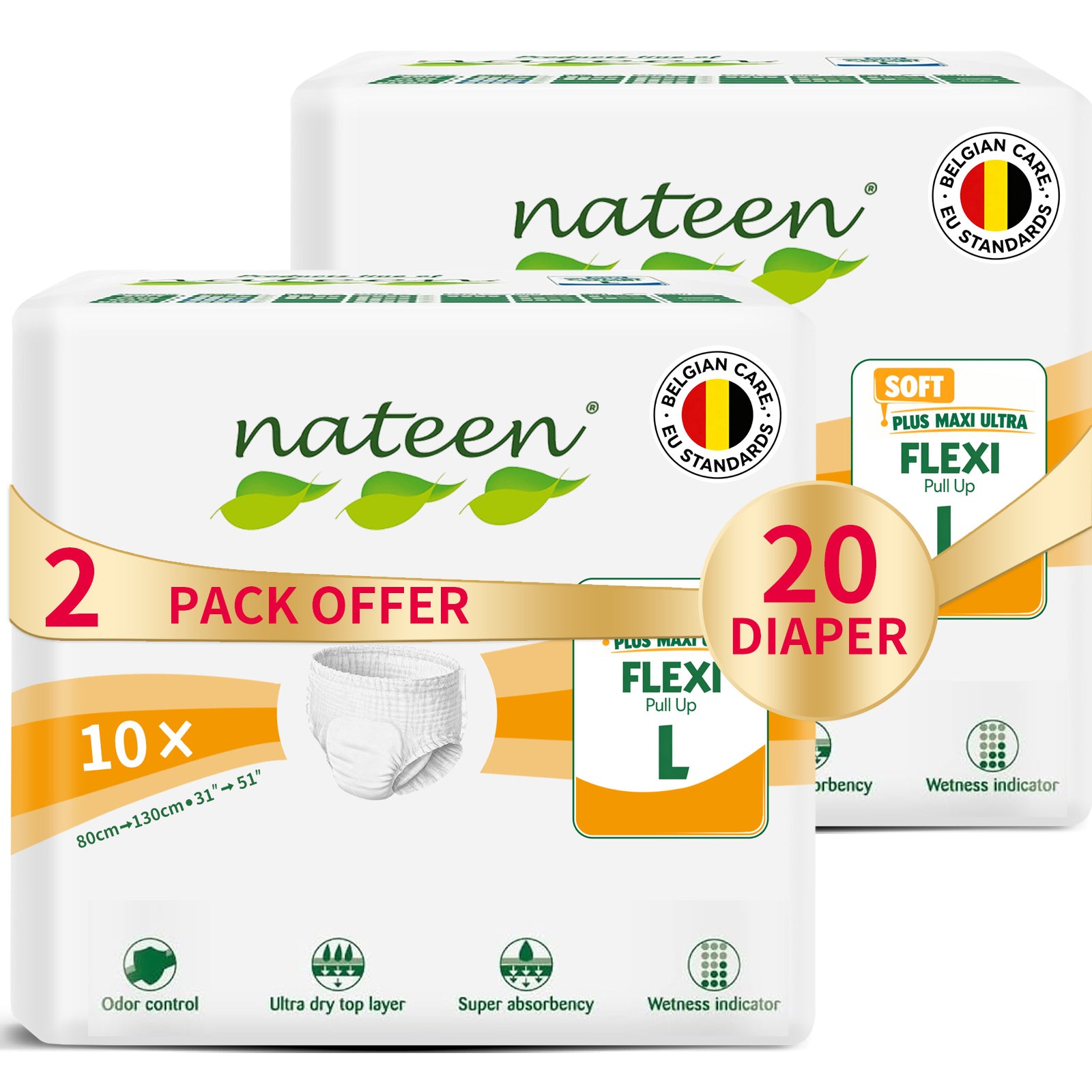 Nateen Flexi Soft Adult Diapers Pants, Incontinence Pull Up,Large,Waist Size 110-170cm,10 Count Adult Pull Ups,Superior Comfort,Excellent Combination of Protection.