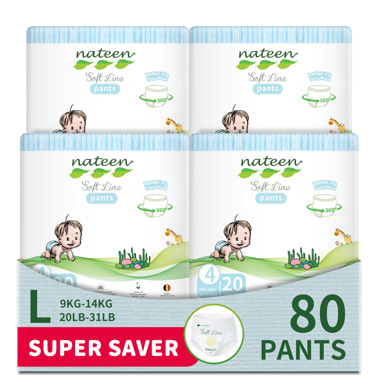 Nateen Soft Line Baby Pants Diapers,Size 4 (9-14kg),Large Baby Pull Ups,Diaper Pants,Super Soft and Breathable Baby Diapers Pants.