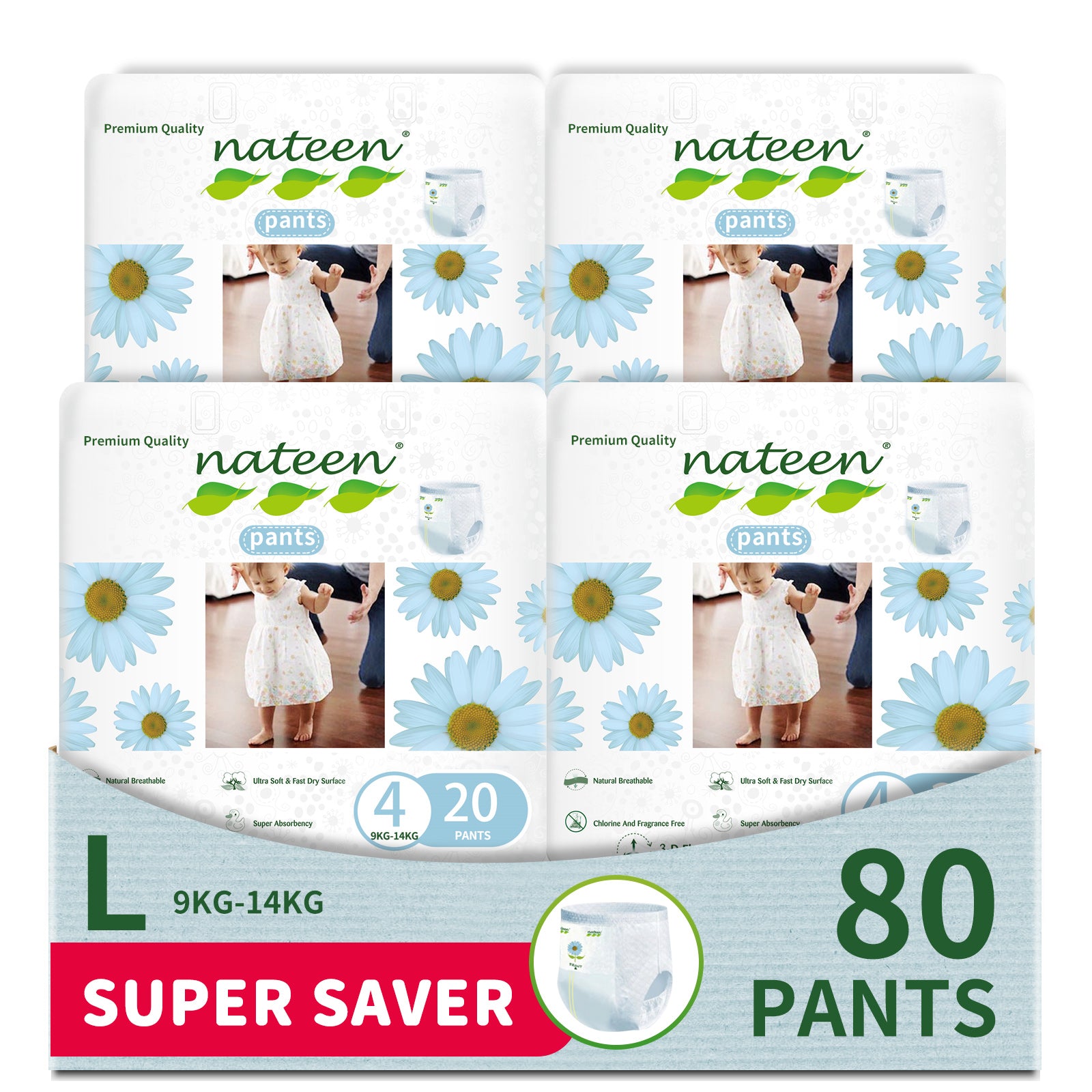 Nateen Premium Care Baby Pants Diapers,Size 4(9-14kg) baby diaper pants,Large,Super Absorbent baby pull ups, 3D double leak Guard,ultra thin baby diapers pants.