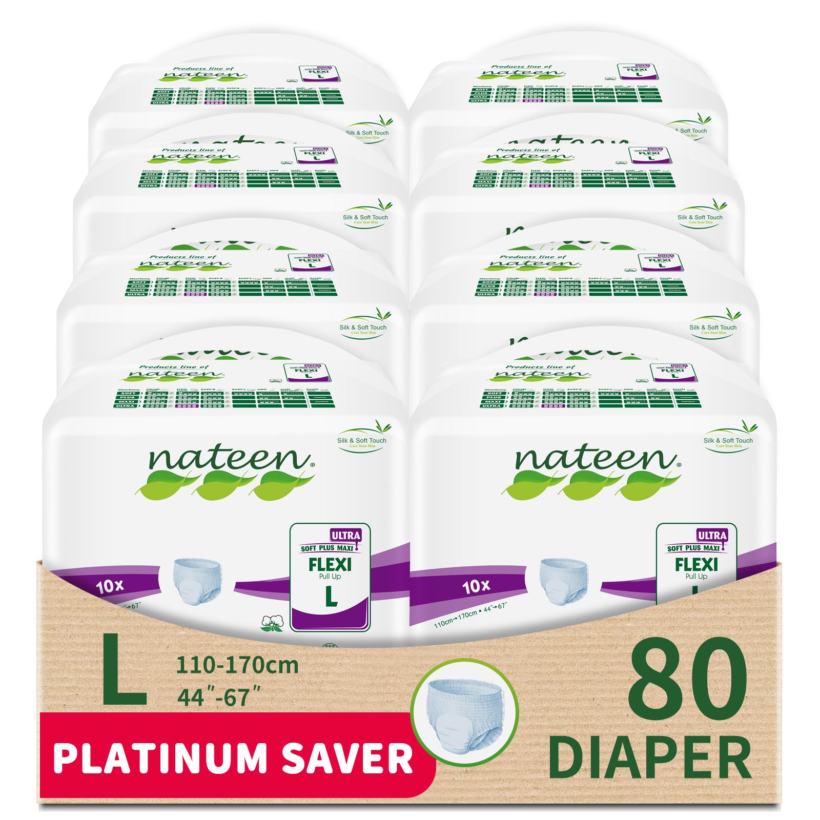 Nateen Flexi Ultra Adult Diapers Pants, ultima absorbency Incontinece Pull Ups, Large,Waist Size 110-170cm,10 Count Adult Pants diaper,Superior Comfort,Excellent Combination of Protection.
