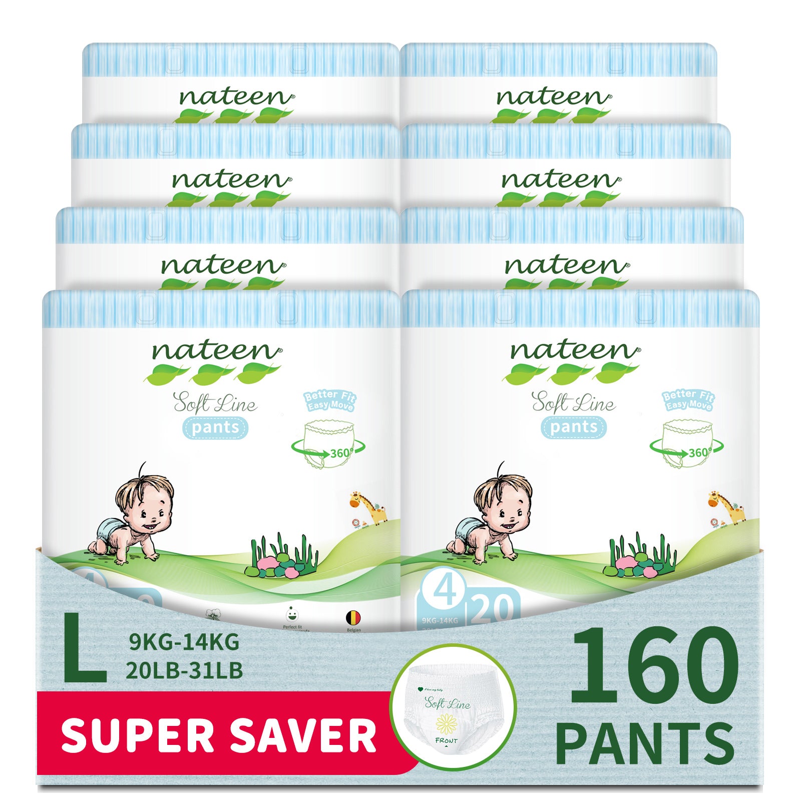 Nateen Soft Line Baby Pants Diapers,Size 4 (9-14kg),Large Baby Pull Ups,Diaper Pants,Super Soft and Breathable Baby Diapers Pants.