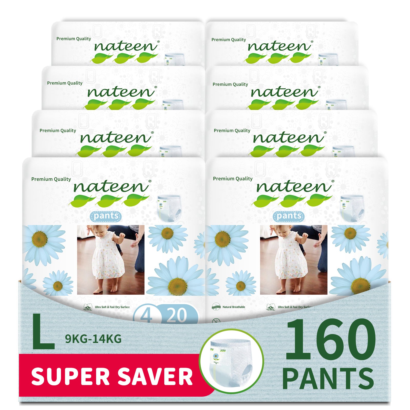Nateen Premium Care Baby Pants Diapers,Size 4(9-14kg) baby diaper pants,Large,Super Absorbent baby pull ups, 3D double leak Guard,ultra thin baby diapers pants.