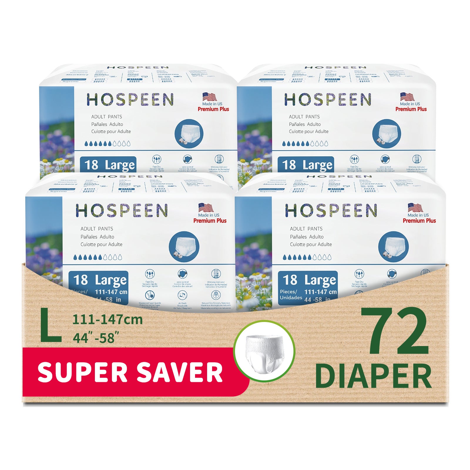 Nateen Hospeen Premium Plus Incontinence Adult diaper pants for Women and Men, Adult Pull Ups Size L, Period Pants for Women.Waist Size 112-147cm,18 Count Day adult pants diaper