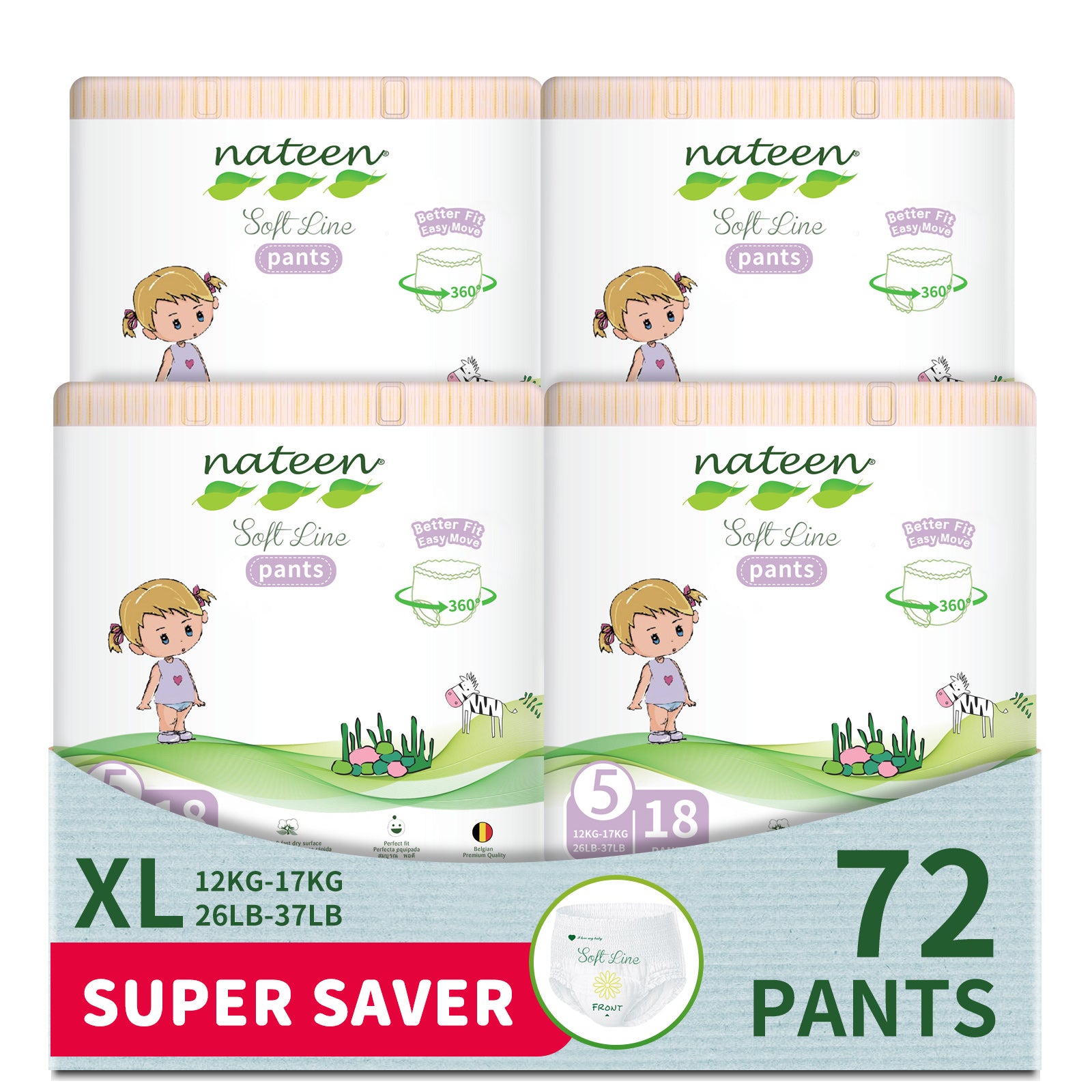 Nateen Soft Line Baby Pants Diapers,Size 5 (12-17kg), X-Large Baby Pull Ups,Diaper Pants,Super Soft and Breathable Baby Diapers Pants