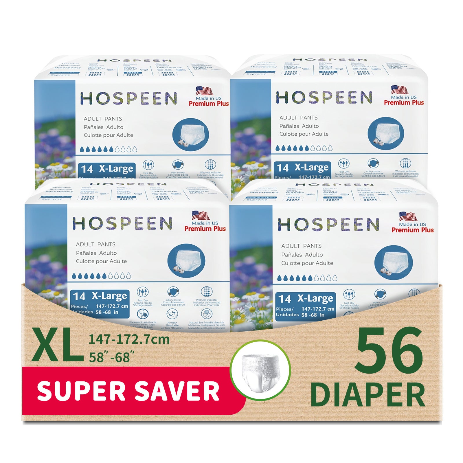 Nateen Hospeen Premium Plus Incontinence Adult diaper pants for Women and Men,Adult Pull Ups Size XL, Period Pants for Women.Waist Size 147-172cm,14 Count Day adult pants diaper.