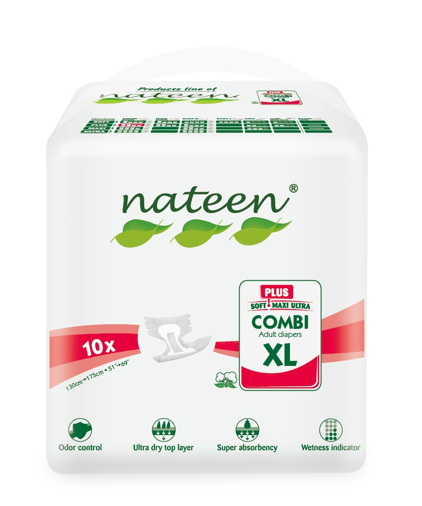 Nateen Combi Plus Incontinence Adult Diaper,X-Large,Waist Size 130-175cm,10 Count Adult Diapers, with Super Absorbent Layer, Leak Guard,Disposable Underwear for Men&Women-3400ml Absorbency.