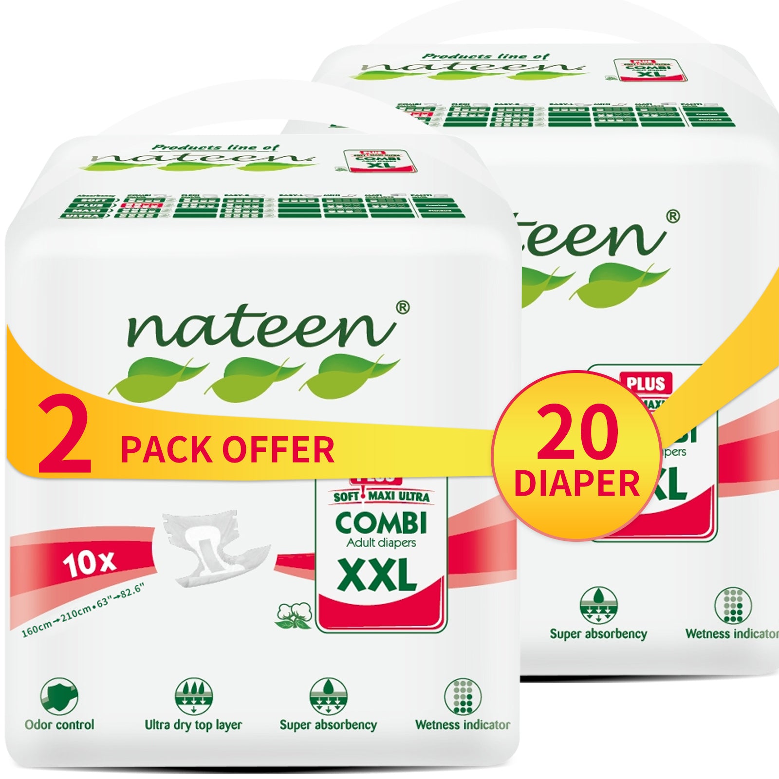 Nateen Combi Plus Incontinence Adult Diaper, XXL,Waist Size 160-210cm,With Super Absorbent Layer,Leak Guard,Disposable Underwear for Men&Women-3500ml Absorbency.
