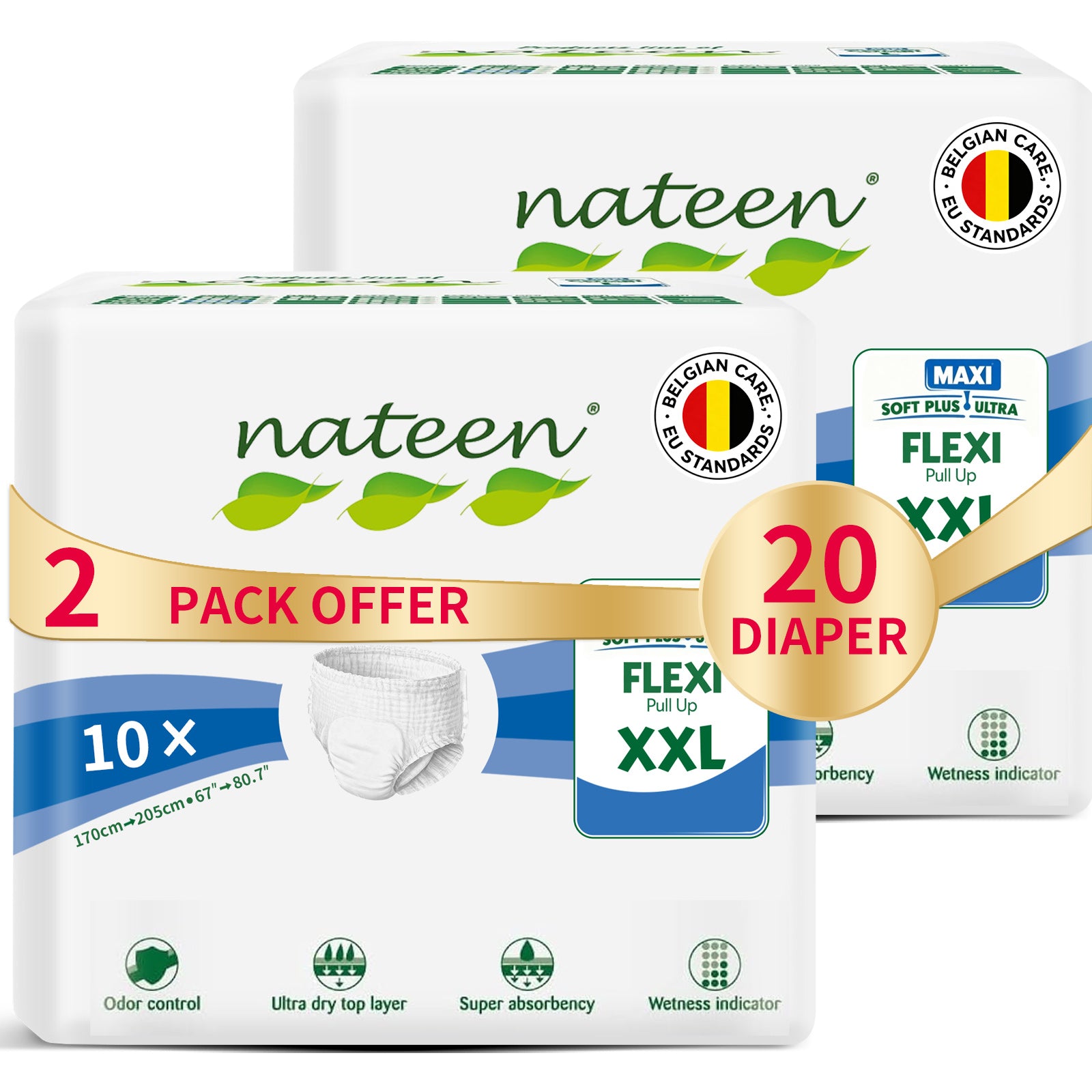 Nateen Flexi Maxi XXL,Adult Diapers Pants,Incontinence Pull Ups,Waist Size 170-205cm,4200ml Absorbency (10pcs/bag).