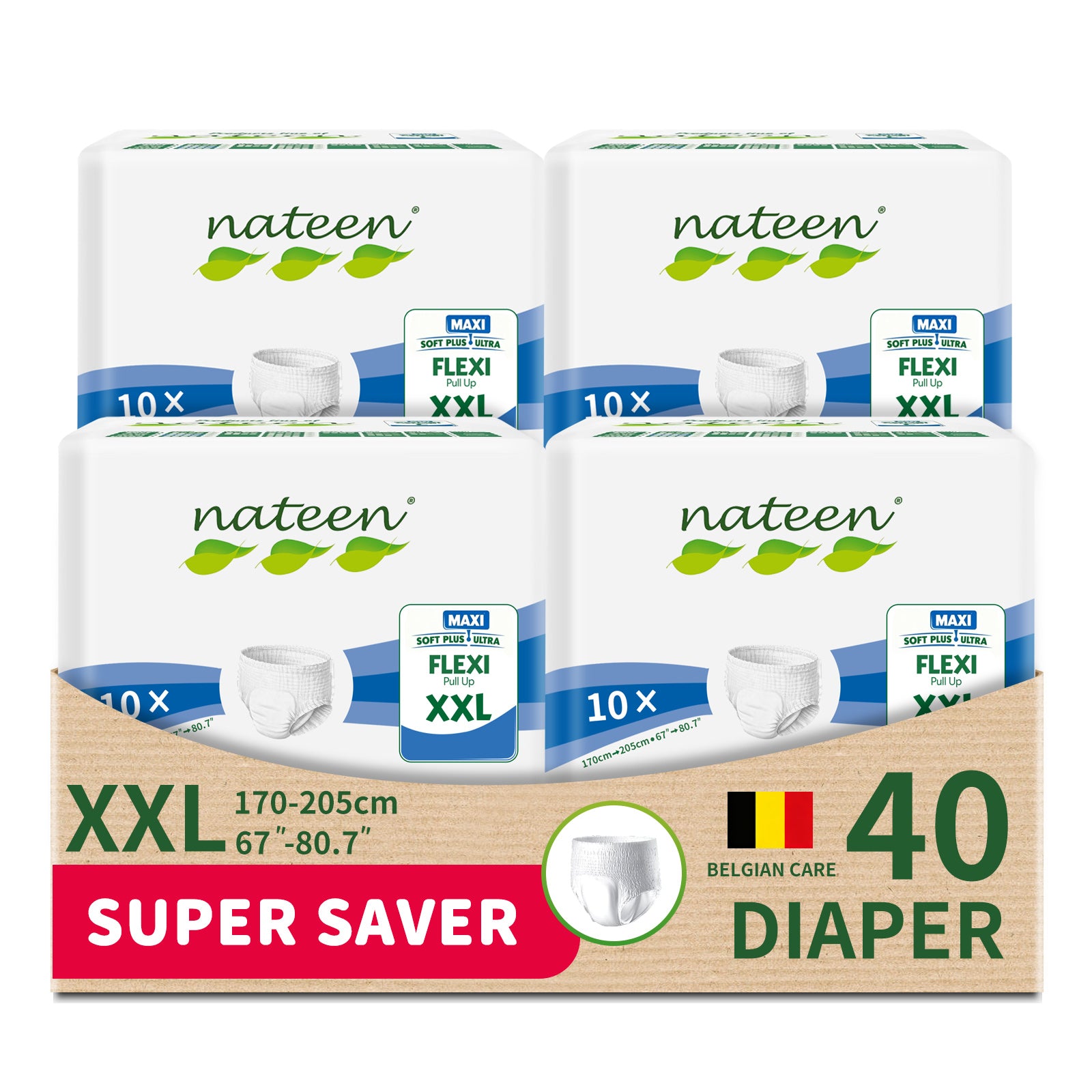 Nateen Flexi Maxi XXL,Adult Diapers Pants,Incontinence Pull Ups,Waist Size 170-205cm,4200ml Absorbency (10pcs/bag).